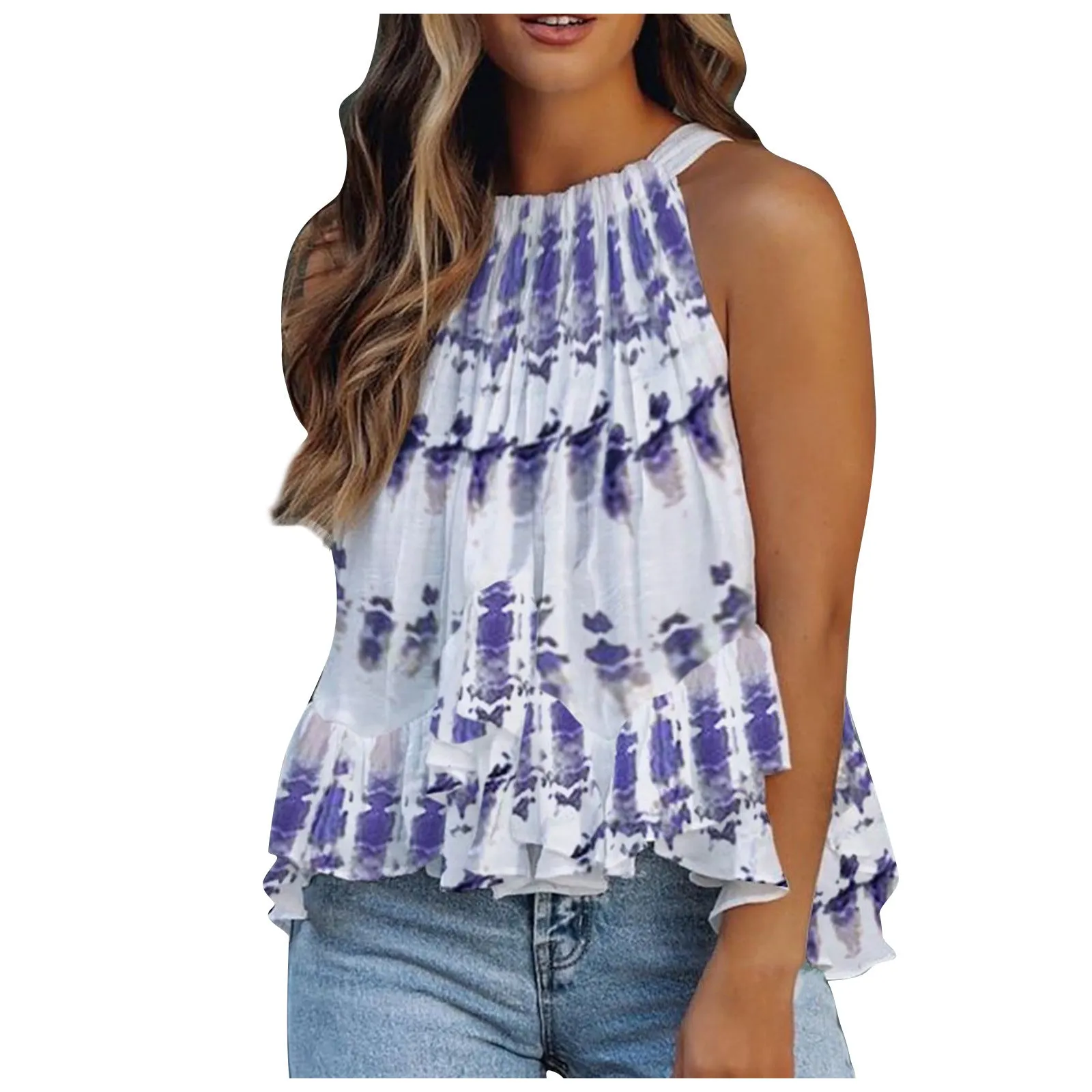 Women Elegant Floral Print Sleeveless Shirts Tank Top Ruffle Hem Blouses