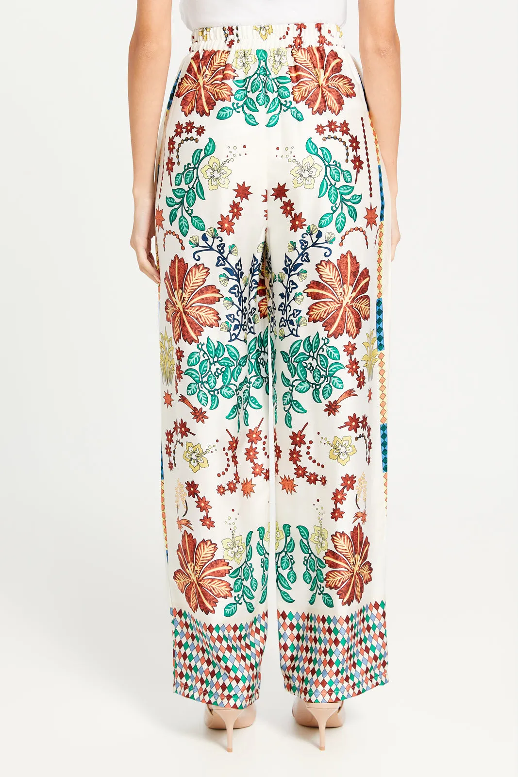 Women Ivory Printed Wide Leg Trousers