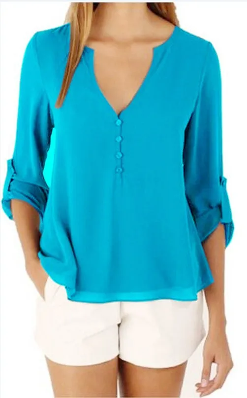 Women's Color Elegant Long Sleeve V-neck Loose Blouses